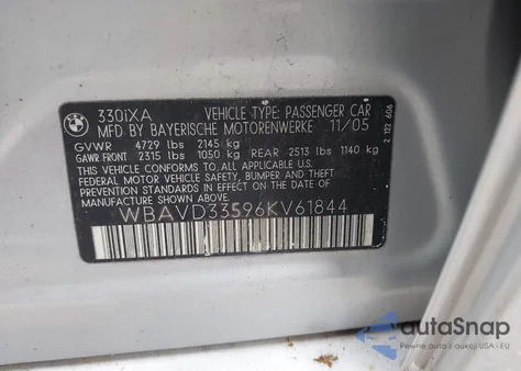 2006 BMW 330Xi из США, поврежденный, VIN WBAVD33596KV61844